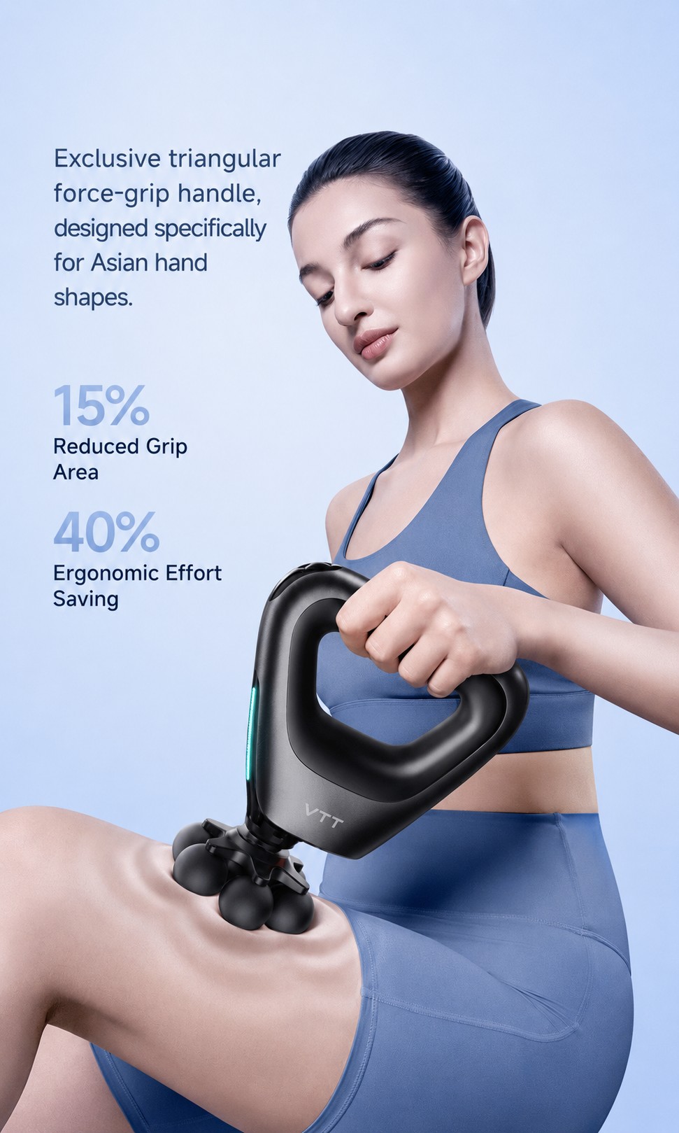 the model is using massage gun to relieve after work-out